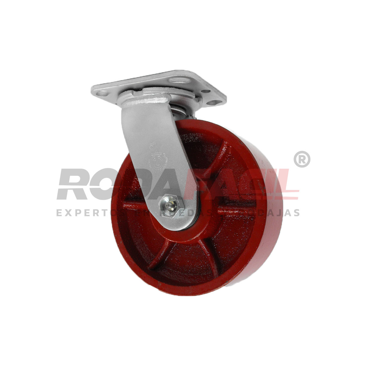 Rodaja giratoria de 6", rueda de fierro con balero de rodillos y buje. Acabado galvanizado. Servicio medio pesado