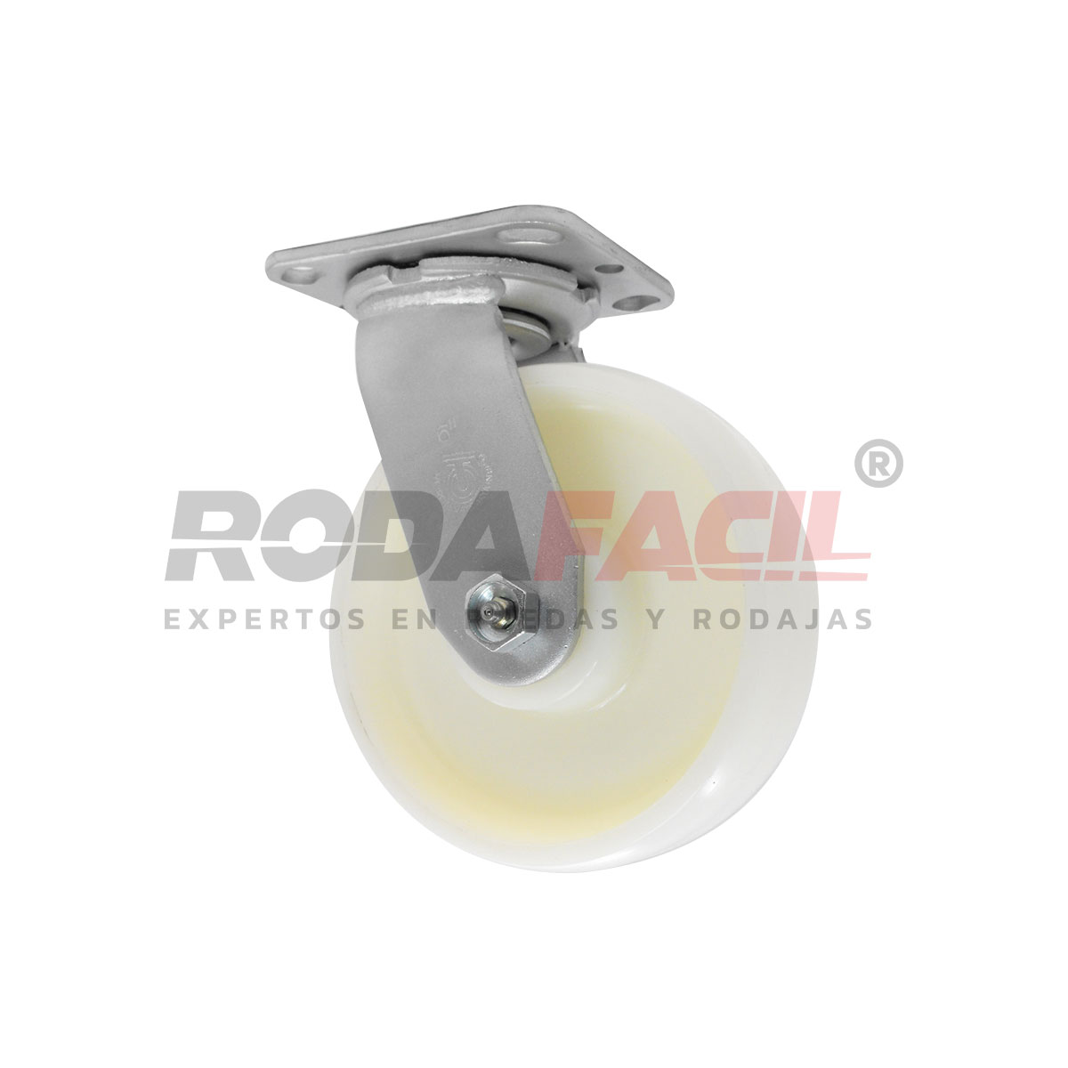 Rodaja giratoria de 6", rueda plástico con balero de rodillos y buje. Acabado galvanizado. Servicio medio pesado