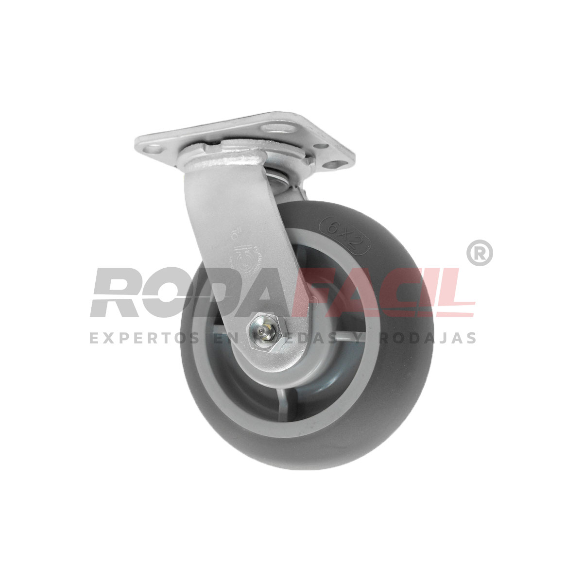 Rodaja giratoria de 6", rueda ThermoPro con balero de rodillos y buje. Acabado galvanizado. Servicio medio pesado