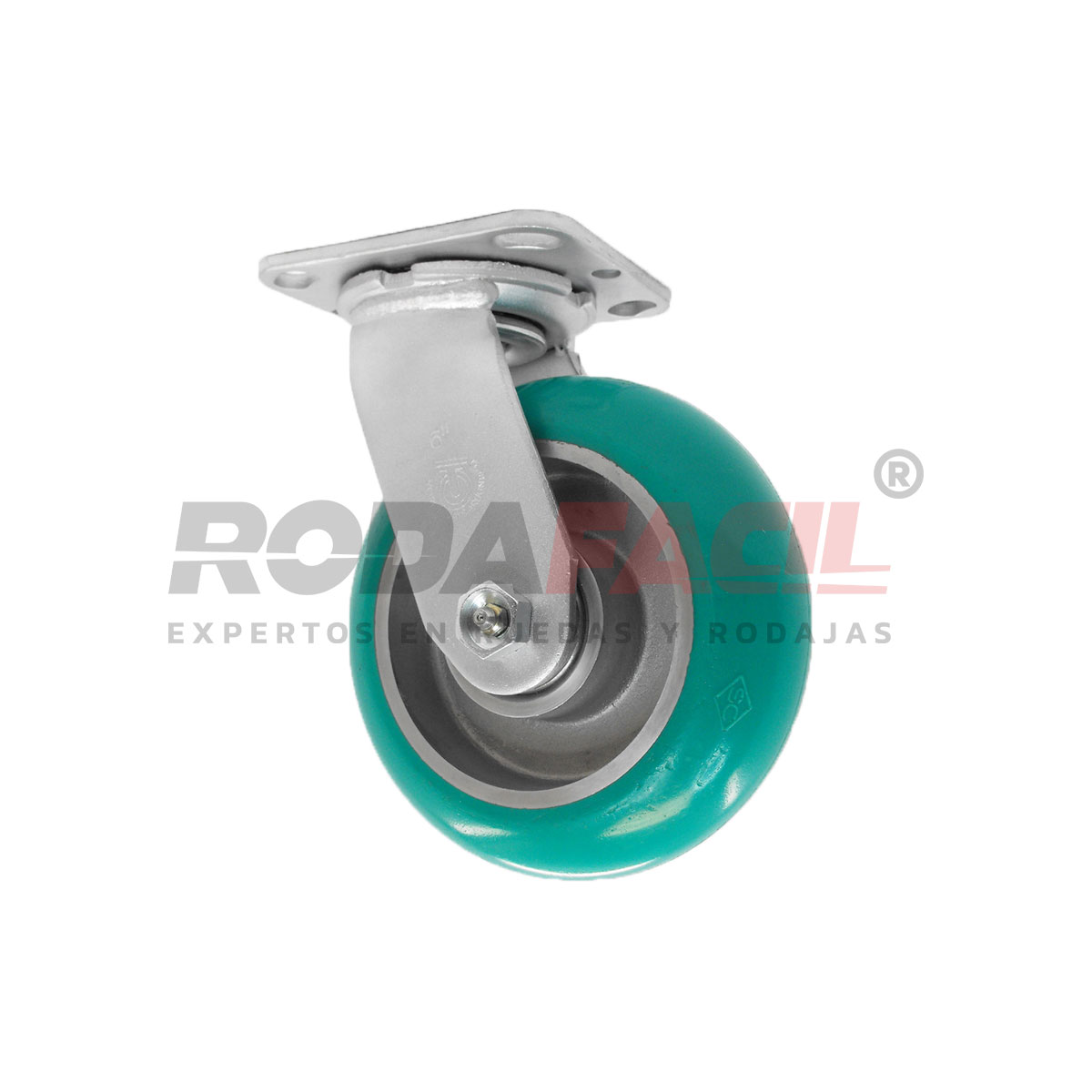 Rodaja giratoria de 6", rueda Aluminio/ Poliuretano con balero de rodillos y buje. Acabado galvanizado. Servicio medio pesado