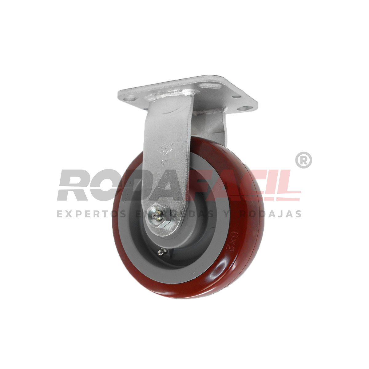Rodaja Fija de 6", rueda de poliuretano con balero de rodillos y buje. Acabado galvanizado. Servicio medio pesado