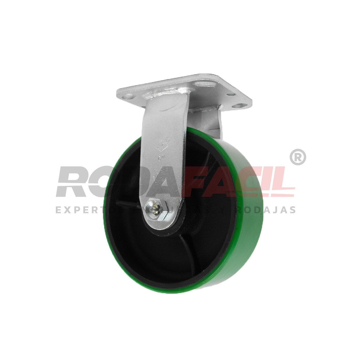 Rodaja Fija de 6", rueda de fierro/poliuretano, con balero de rodillos y buje. Acabado galvanizado. Servicio medio pesado