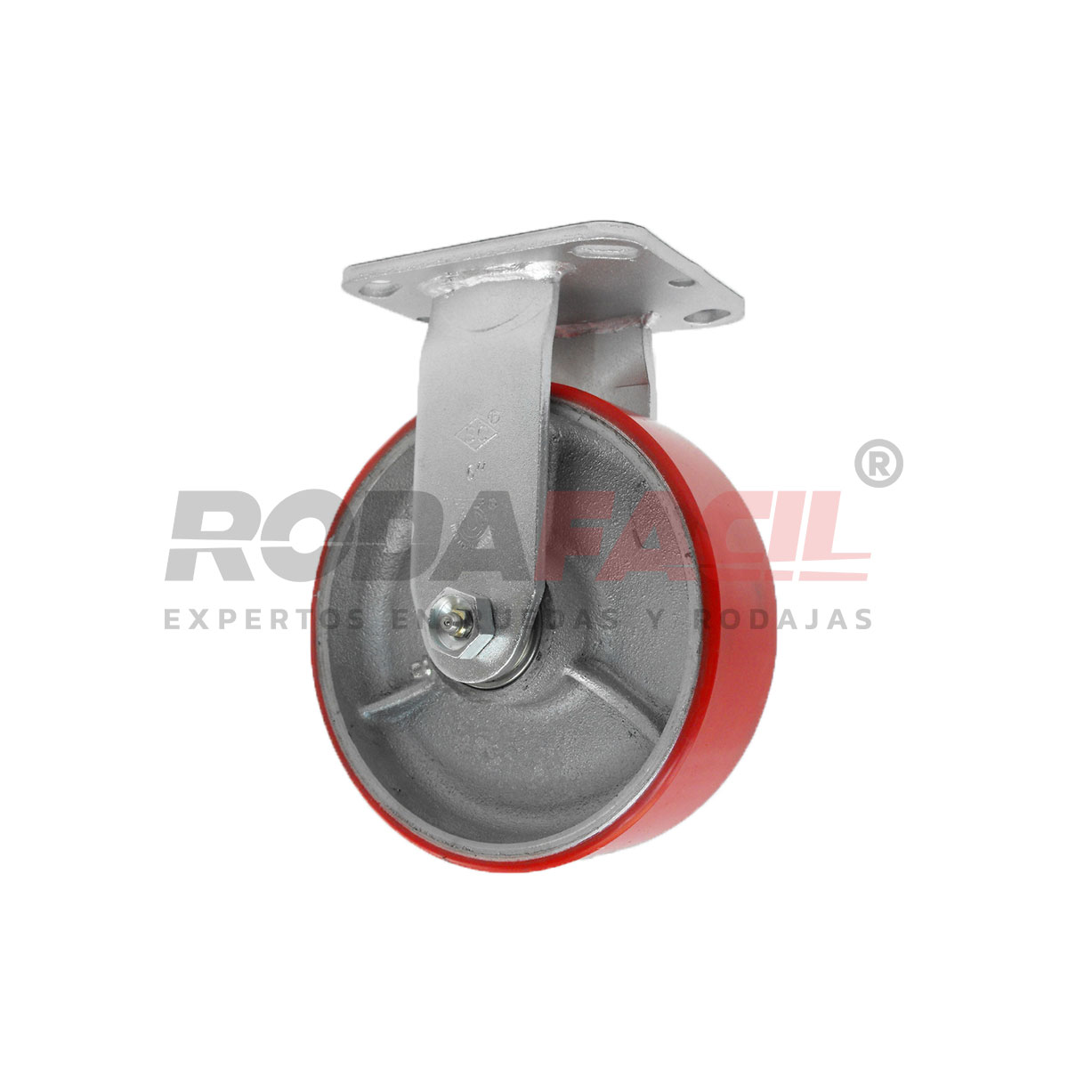 Rodaja Fija de 6", rueda de fierro/poliuretano, con balero de rodillos y buje. Acabado galvanizado. Servicio medio pesado