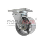 Rodaja giratoria de 6", rueda de fierro, con balero de rodillos y buje. Herraje galvanizado. Carga Pesada