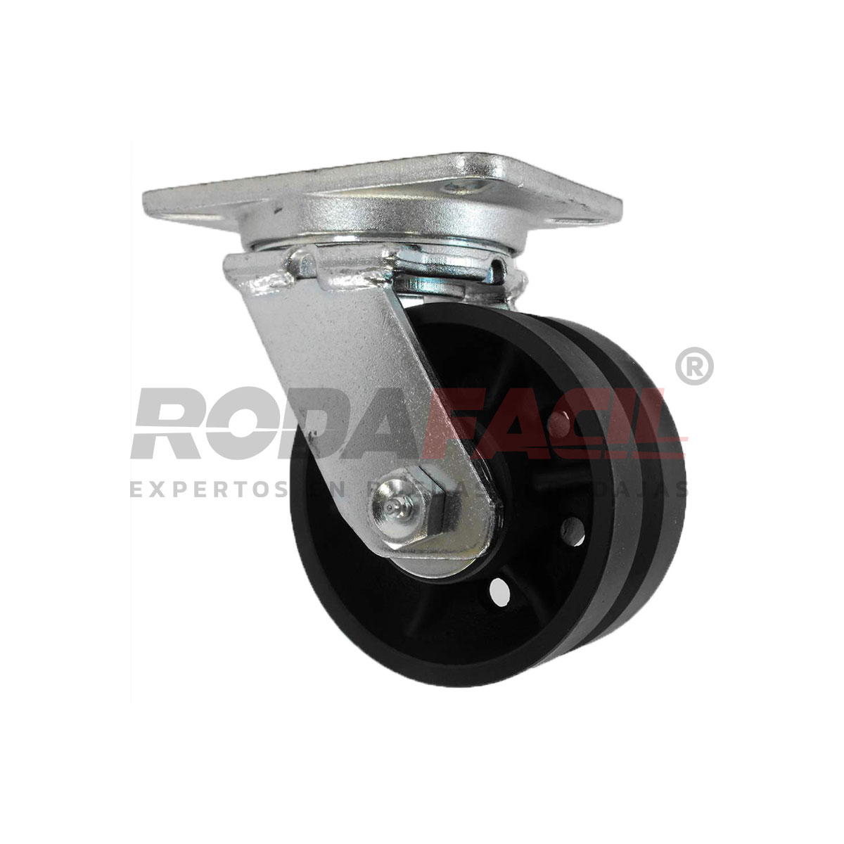 Rodaja giratoria de 6", rueda de fierro en canal, con balero de rodillos y buje. Herraje galvanizado. Carga Pesada
