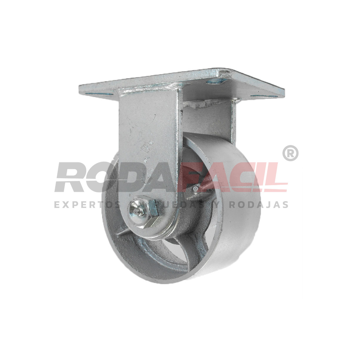 Rodaja fija de 6", rueda de fierro, con balero de rodillos y buje. Herraje galvanizado. Carga Pesada