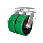 Rodaja giratoria de 8", rueda de Fierro/Poliuretano, con balero de rodillos y buje. Herraje cincado. Carga extra-pesada