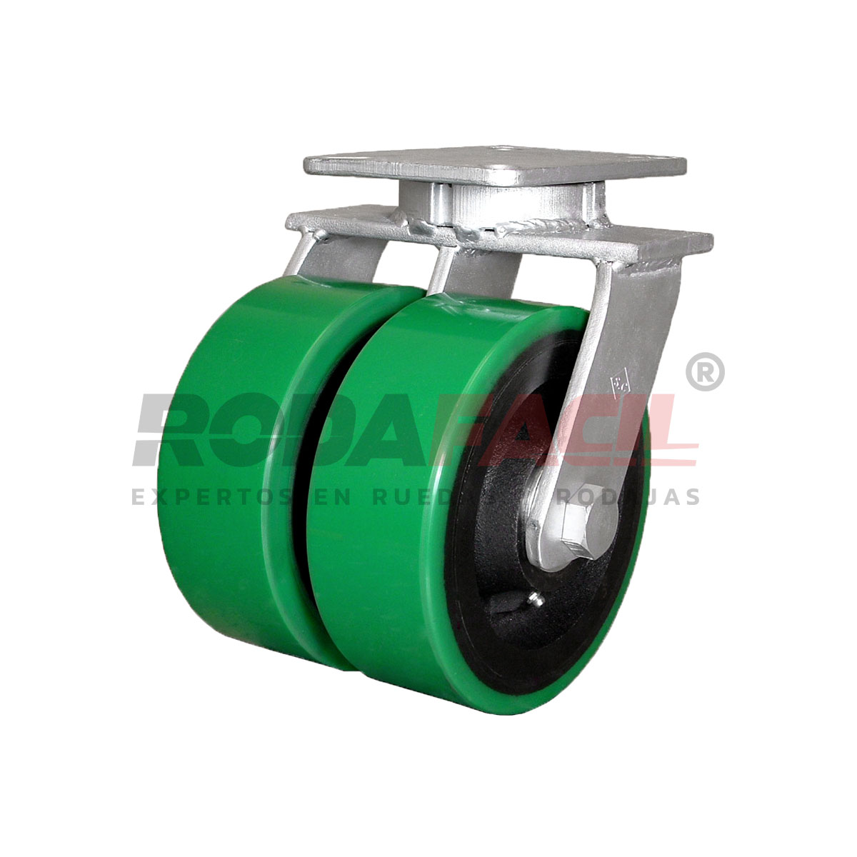 Rodaja giratoria de 8", rueda de Fierro/Poliuretano, con balero de rodillos y buje. Herraje cincado. Carga extra-pesada