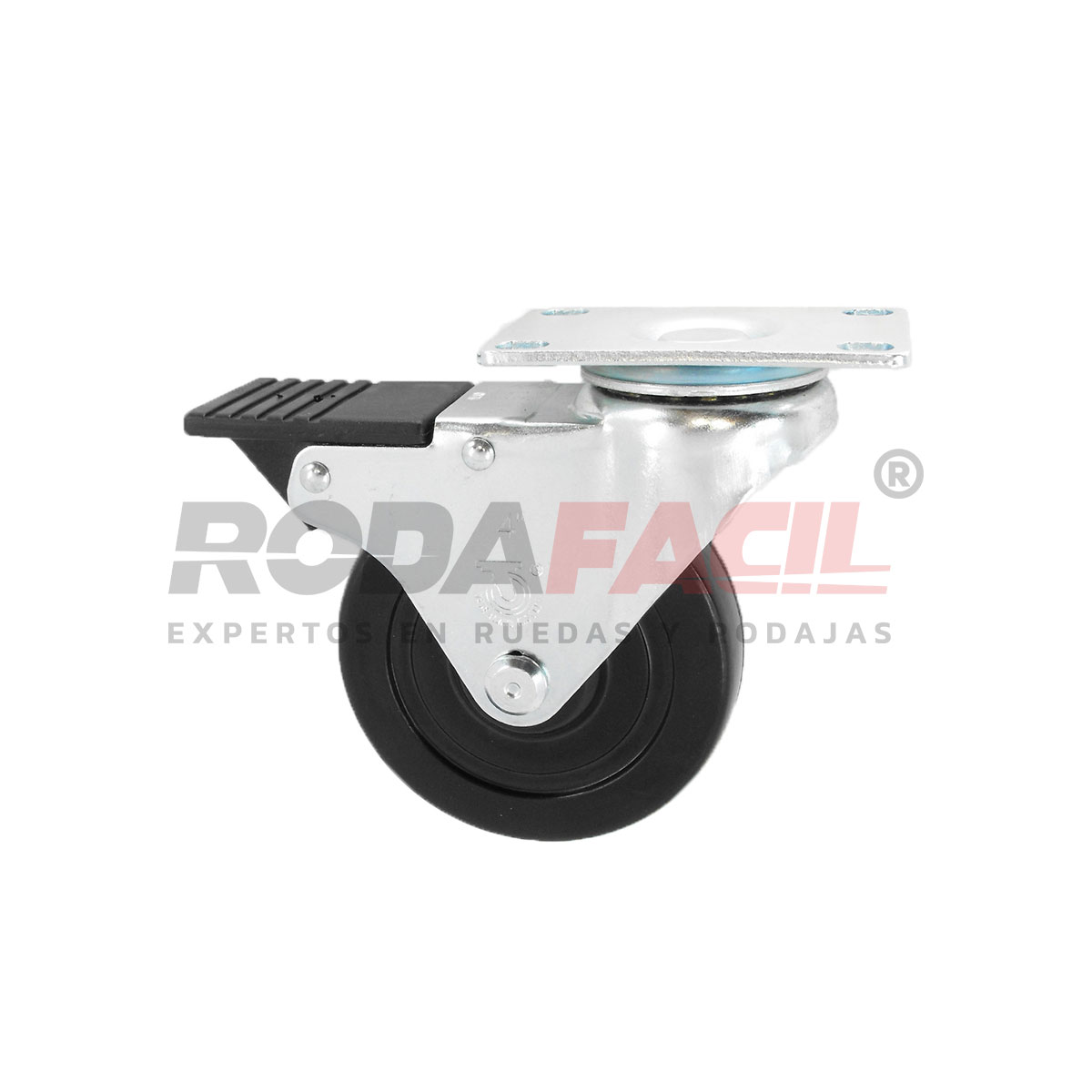 Rodaja giratoria de 4", rueda de hule duro con freno frontal total, servicio medio ligero